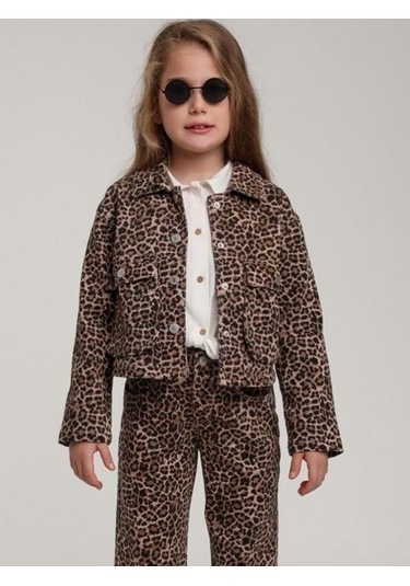Kız Çocuk Cepli Leopar Kot Ceket-15588 Kahverengi