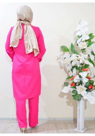 Deryam Tekstil Kadın Sofya Keten Tunik Pantolon Takımı Pembe 40 Beden Pembe