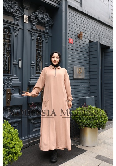 Kadın Bej Aerobin Uzun Önü Yarım Fermuarlı İkili Takım T1223 Bej