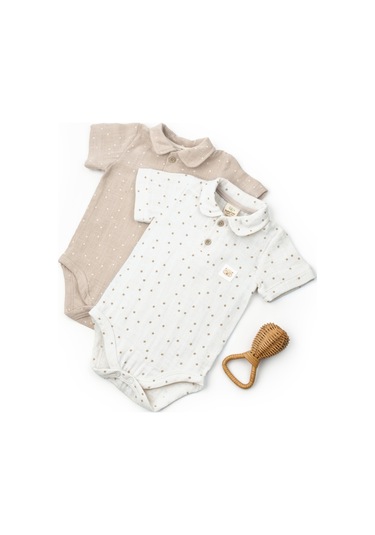 Bebek 2li Kısa Kollu Badi Müslin %100 Pamuk, Bebek Ve Yenidoğan Serisi - Ekru