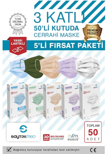 Meltblown Filtreli 3 Katlı 5 Farklı Renk Cerrahi Maske 50 Adet/ 5 Kutu