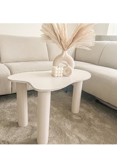 Asimetrik 90x90 Cm Modern Ahşap Ayaklı Orta Sehpa Beyaz