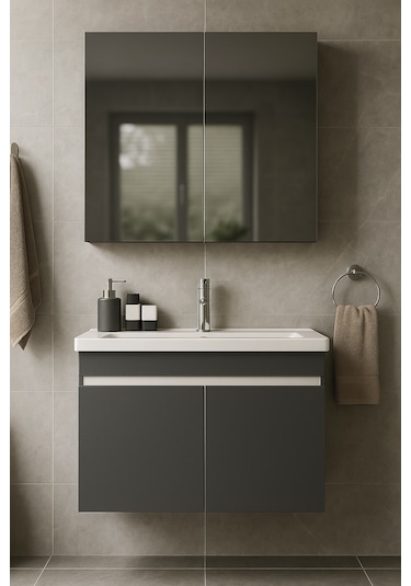 Arista 80 Cm Antrasit Mdf, Seramik Lavabolu, Alt Ve Üst Dolap Antrasit