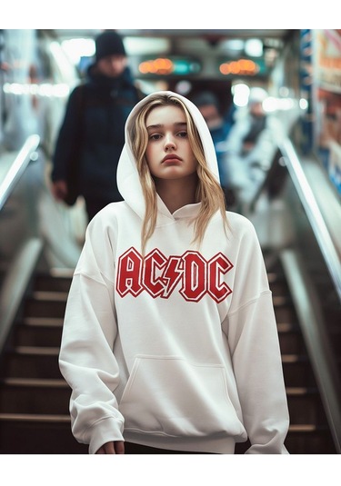 Sevbano Ac Dc Back In Black Müzik Grubu Baskılı Unisex Oversize Tasarım H Beyaz