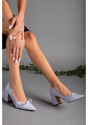 Saten Taşlı Kalın Topuk Gri Kadın Stiletto-2032-GRİ