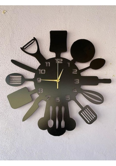 Aa Shop Ahşap Dekoratif Mutfak Desenli Sessiz Duvar Saati 50 CM Siyah