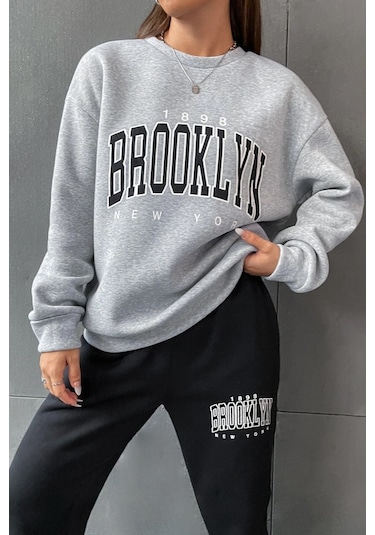 Modagen Kadın Siyah Gri Brooklyn Baskı Oversize Bisiklet Yaka Alt Üst Eşofman Takımı Grisiyah