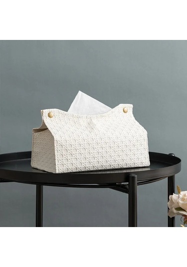 Beyaz Deri Doku Kutusu Ev Oturma Odası Çay Masası Pu Rattan Deri Doku Kutusu Mutfak Masaüstü İskandinav Peçete Tutucu Saklama Kutusu