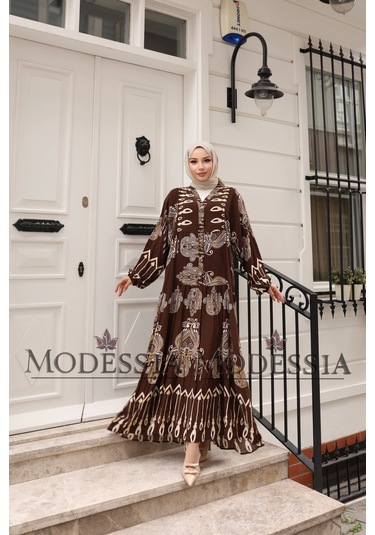 Kadın Kahve %100 Viskon Pamuklu V Yaka Alaçatı Model Kat Kat Elbise V6532 Kahve