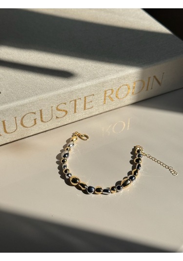 Çift Renk Taş Formlu Kadın Çelik Bileklik Altın & Gümüş Detaylı Altın