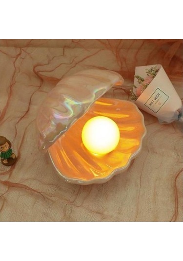 Yeiuyi7 Yaratıcı Kabuk Seramik Gece Lambası Yatak Odası Başucu İnci Gece Lambası Beyaz