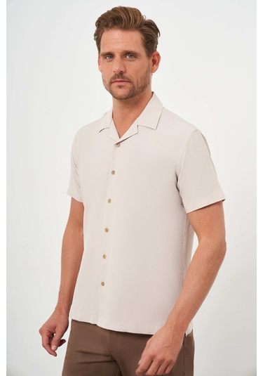 Morven Erkek Bej Viscon Apaçi Yaka Regular Fit Kısa Kol Gömlek Bej