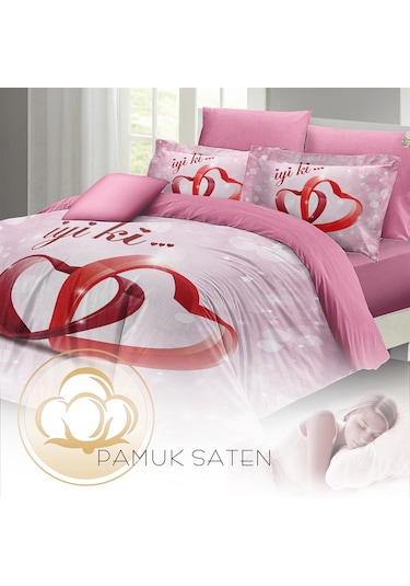 MONOHOME Sevgililer Günü Çift Kişilik Nevresim Takımı %100 Pamuk Saten İyiki Sen Çok Renkli