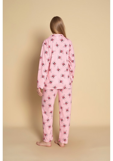 Kadın Gömlek Desenli Uzun Kol Pijama Takımı Pembe