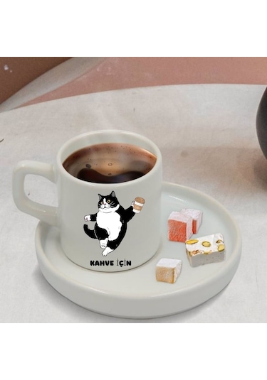 Bir Mola Kahve Molası Ver Tasarımlı Türk Kahve Fincanı Ve Altı Beyaz