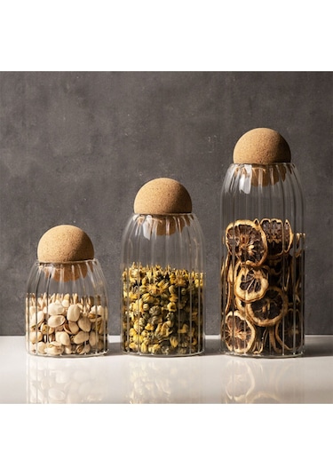 Morponi 3lü Top Mantar Kapaklı Çizgili Cam Kavanoz Ve Baharatlık Seti Şeffaf