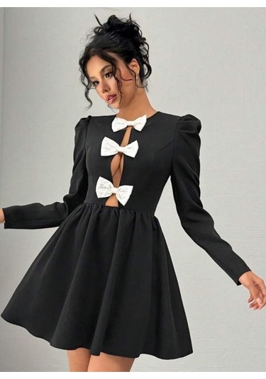 Tua Moda Kadın Dalgıç Kumaş Fiyonk Detaylı Uzun Kollu Mini Boy Elbise Siyah