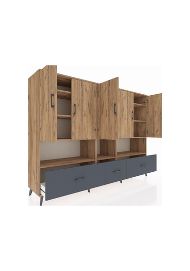 Hyperion Dolap 12 Raflı 3 Çekmeceli 5 Kapaklı 220x44x163 Çam-çam/ Çam-çam/antrasit