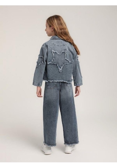Kız Çocuk Yıldızlı Büyük Cepli Kot Ceket-15622 Mavi