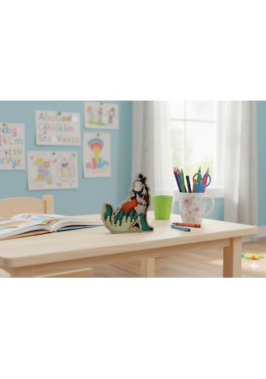 3d Katmanlı Ahşap Kurt Figürlü Dekoratif Masa Süsü Standart