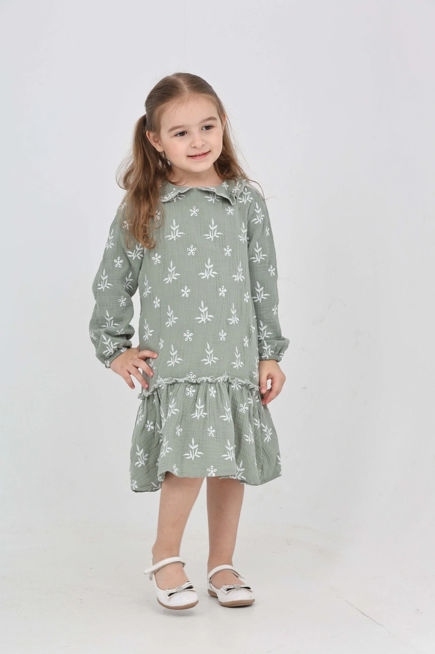 Toontoy Kız Çocuk Çiçek Nakışlı Bebe Yaka Elbise Açık Yeşil