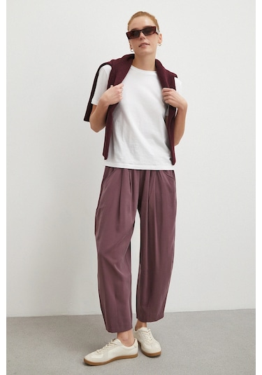 Never More Bağcıklı Beli Lastikli Pileli Pantolon Mürdüm Mürdüm