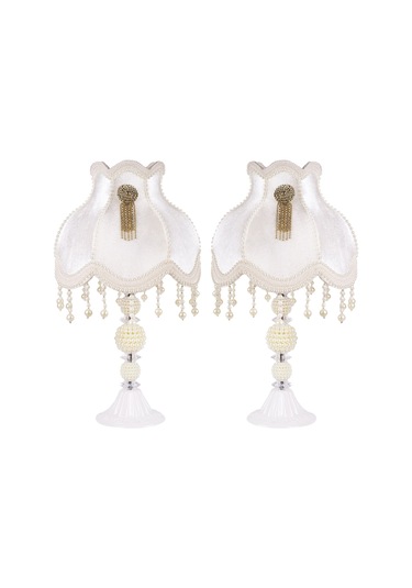 Broş Dekorlu Abajur Beyaz Klasik Model İncili Ayak