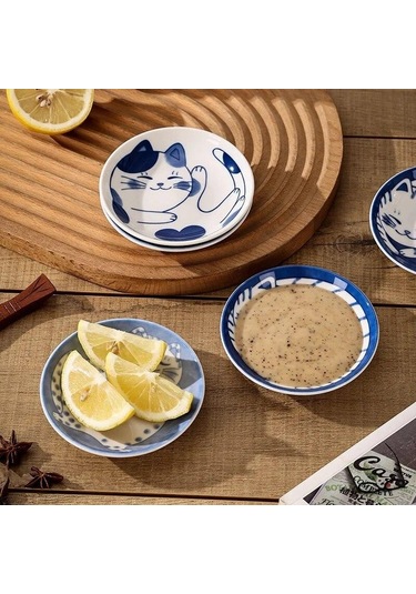 B Japon Tarzı Seramik Tatlı Sos Tabağı Sofra Yaratıcı Sevimli Karikatür Şanslı Kedi Desen Su Damlası Şekli Meyve Suşi Tabakları