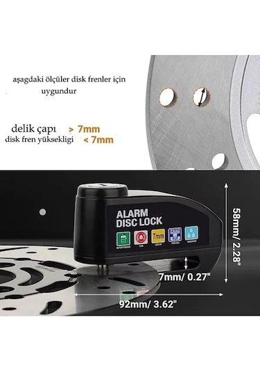 Alarmlı Disk Kilidi Motorsiklet Scooter Bisiklet Sesli Alarm 110 Desibel Ses