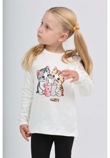 Toontoy Kız Çocuk İkili Kedi Baskılı Sweatshirt Ekru