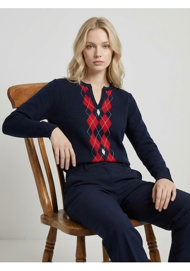 Qoolest Kadın Baklava Desenli Lacivert V Yaka Şık Triko Kazak Lacivert
