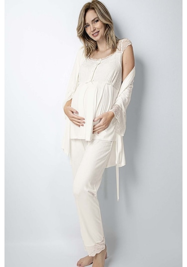 Monamise 18203 Hamile Lohusa Sabahlıklı Pijama Takımı-ekru