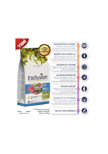 Exclusion Monoprotein Düşük Tahıllı Ton Balıklı ve Narlı Orta Irk Yetişkin Köpek Maması 12 KG