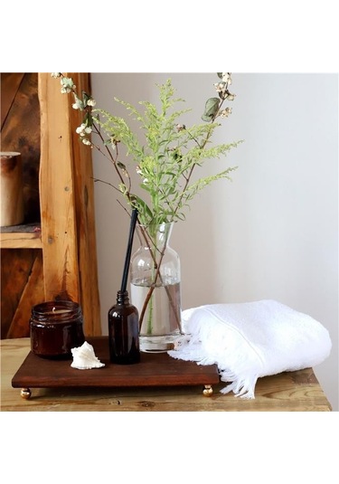 Akayev Ahşap 35x23 Cm Gold Altın Boncuk Ayaklı Sunum Tabağı Beyaz