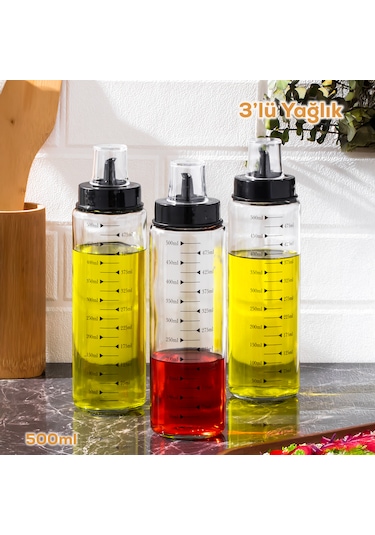 Porsima 401354 3lü Kapaklı Ölçekli Cam Yağlık Sirkelik Yağdanlık