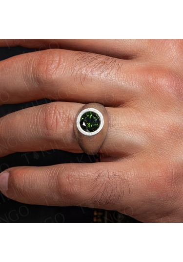 925 Ayar Gümüş Yuvarlak Peridor Olivin Taşlı Sade Erkek Yüzük Gümüş