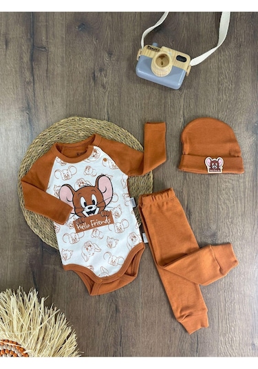 2d2b Hello Friends Alttan Çıtçıtlı Bereli Unisex 3lü Bebek Takım Kahverengi