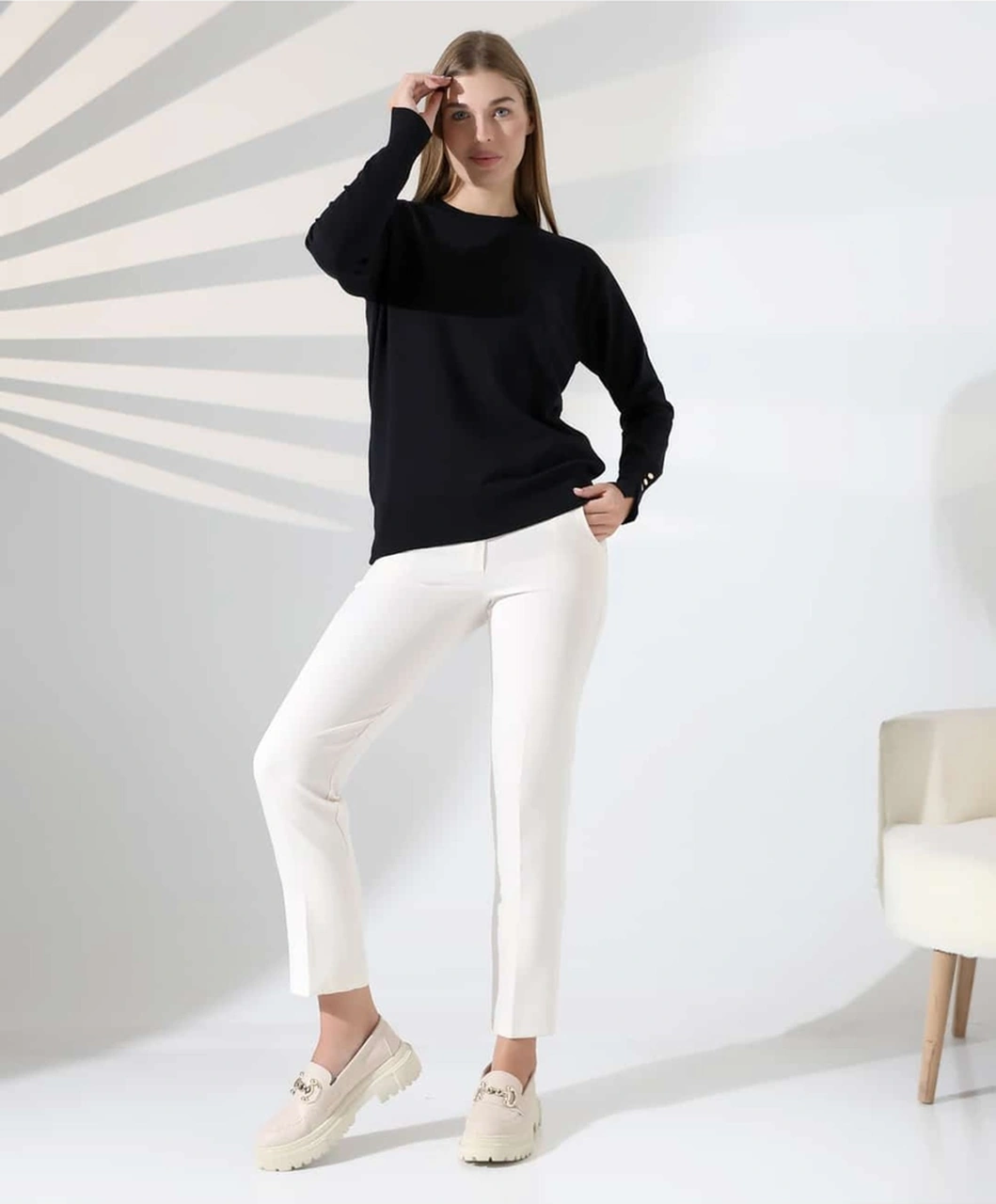 Gündelik Şıklık Kol Düğme Detay Triko Kazak Siyah