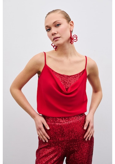 Sateen Degaje Yaka Bluz - Kırmızı-135513 Kırmızı