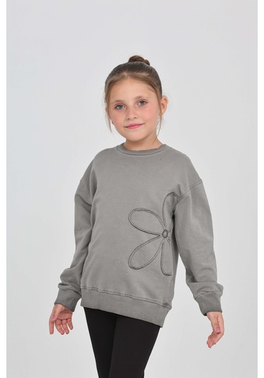 Toontoy Kız Çocuk Çiçek Nakışlı Sweatshirt Füme Melanj