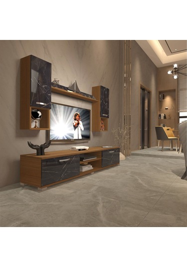 Decoraktiv Eko 5da Mdf Dvd Tv Ünitesi Tv Sehpası Ceviz - Siyah Mermer