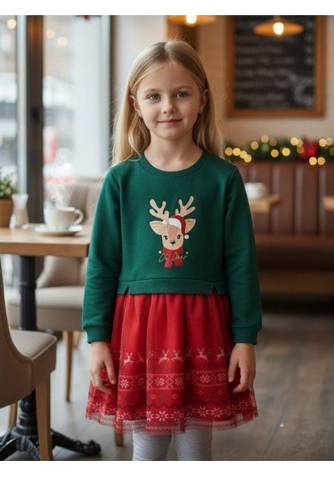 Kız Çocuk Geyikli Yılbaşı Temalı Taç Hediyeli Elbise-16405 Kırmızı