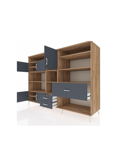 Kronos Dolap 13 Raflı 3 Çekmeceli 5 Kapaklı 220x59x163 Çam-antras Çam-antrasit