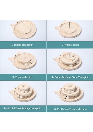 Ahşap Kedi Oyuncağı 3 Katlı Toplu Zeka Oyuncağı & Tüylü Olta Seti