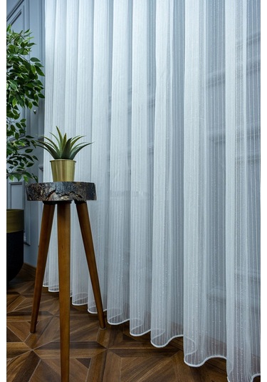 Tül Perde Thor Çizgili Kalın Burgu 3kat Pileli Tül Perde Beyaz Burgu Çizgi