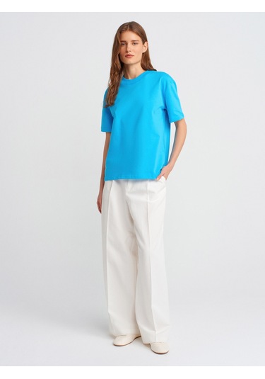 Dilvin 30312 Dekoratif Dikişli Bisiklet Yaka Tshirt-turkuaz Turkuaz