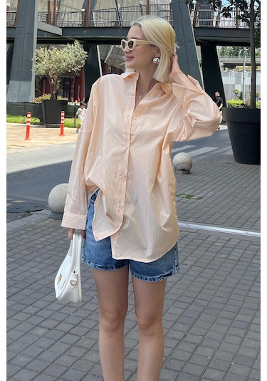Madmext Sarı Çizgili Over Fit Gömlek Mg1525 Sarı