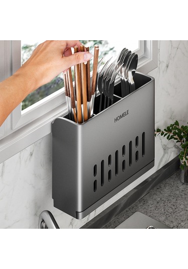 Youtek Duvar Tipi Çatal Kaşık Saklama Kutusu, Mutfak Gereçleri İçin Sulama Özellikli Organizer, Siyah Tek Bardak, Delme Yok Diğer