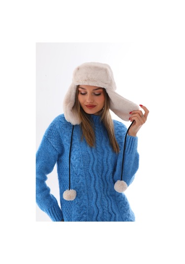 Kadın Bej Kürklü Kulaklıklı Peluş Şapka Bej