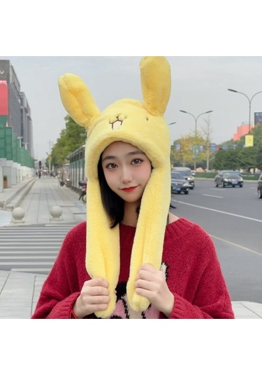 Sevimli Hareketli Kulaklı Kadınlar İçin Yumuşak Tavşan Desenli Peluş Kış Şapkası Sarı